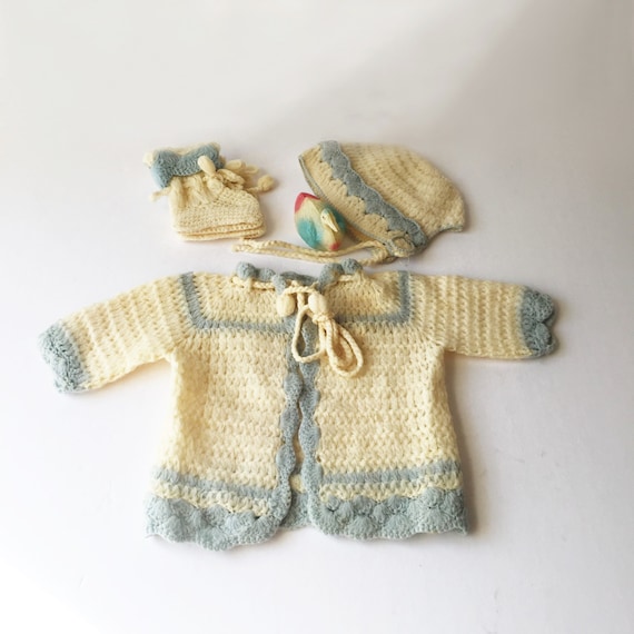 Vintage Baby Clothes 1940s Baby Boy Sweater Bonnet and