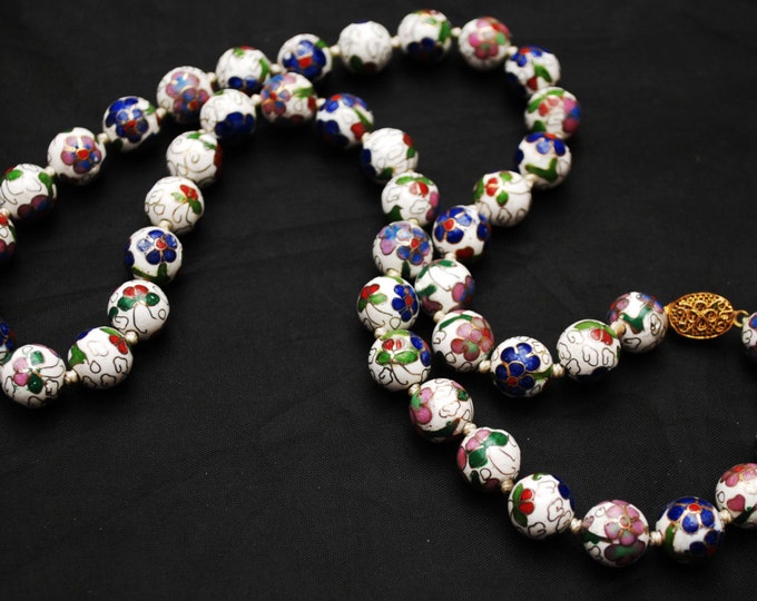 Cloisonne Bead Necklace - White Blue Green purple gold Enameling - flower - Hand knotted - floral beads