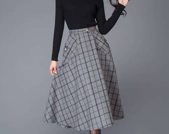 Gray Skirts, wool skirt, midi skirt, womens skirts, plaid skirt, skirt with pockets, winter skirt, plaid wool skirt, wool plaid skirt C1005