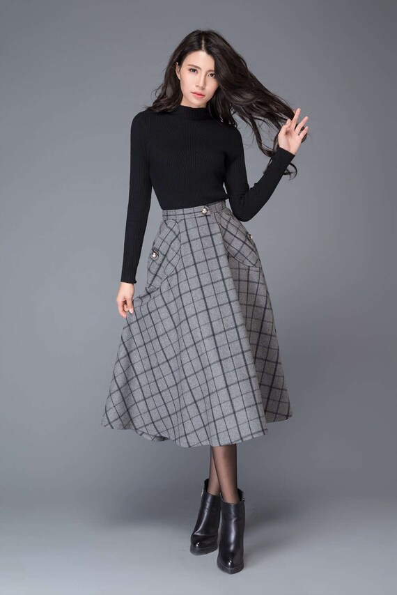 plaid skirt Gray Skirts wool skirt midi skirt womens