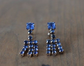 Vintage Blue Rhinestone Earrings, Retro Costume Jewelry, Circa 1960's