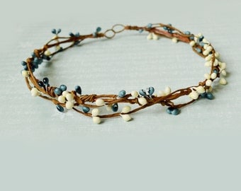 Blue flower crown, Rustic hair crown, Bridal headpiece, Bridesmaid crown, Nautical hairpiece, Flower girl crown, Boho halo, Berry hair crown