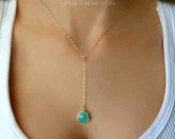 Aqua Necklace, Mint Necklace, Mint Dangle Necklace, Blue Glass Beach Necklace, Blue Drop Necklace lariat,Dainty Mint Bridesmaid Jewelry Gift