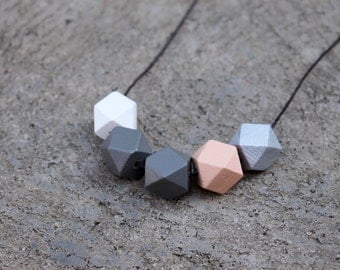 Geometric Wood Necklace // Hand Painted Wooden Faceted // Hedron Necklace - Peach and Gray // Wood Bead Necklace
