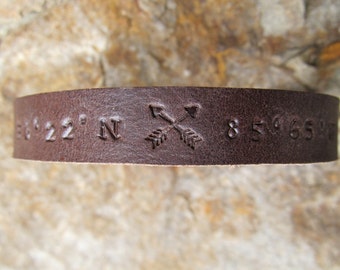 Custom Coordinates - Mens Womens Personalized Leather Bracelet - Latitude Longitude GPS Coordinates Leather Cuff - Single or Double Arrow