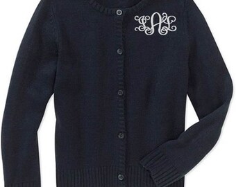 Monogrammed Sweater Kids Child Girls Cardigan Monogram Uniform White Navy