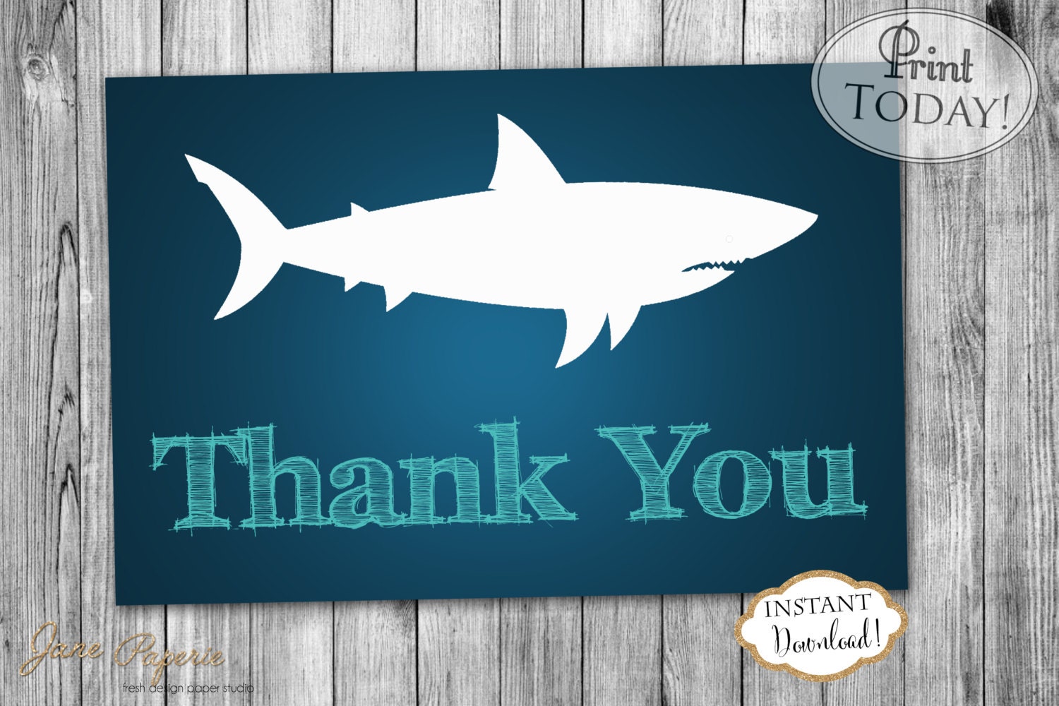 INSTANT DOWNLOAD Shark Birthday Thank You Note Under the