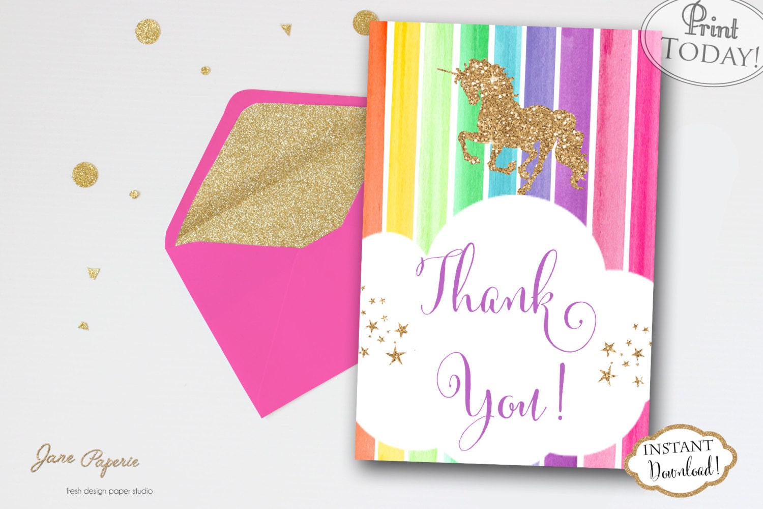 instant download glitter unicorn thank you cards printable