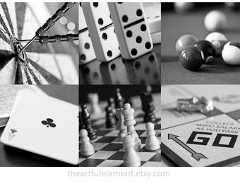 Game room decor, Home decor prints, Play room wall art, Board game art, Black and white art, Set of 6 prints // Classic games photo set