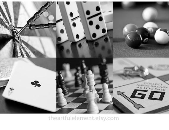 Game room decor, Home decor prints, Play room wall art, Board game art, Black and white art, Set of 6 prints // Classic games photo set