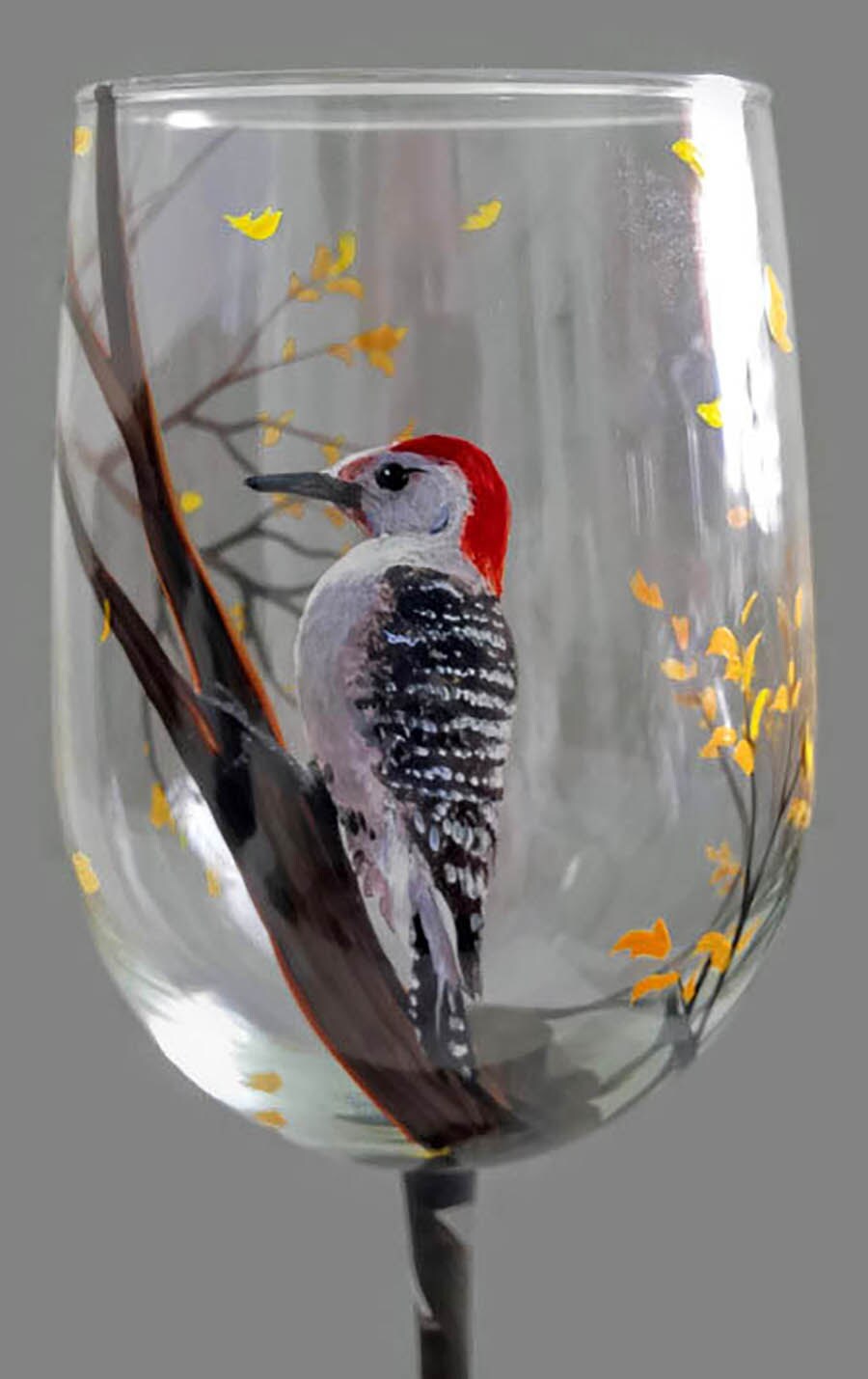 Wine Glass Hand Painted Woodpecker Wildlife Bird Art Tree