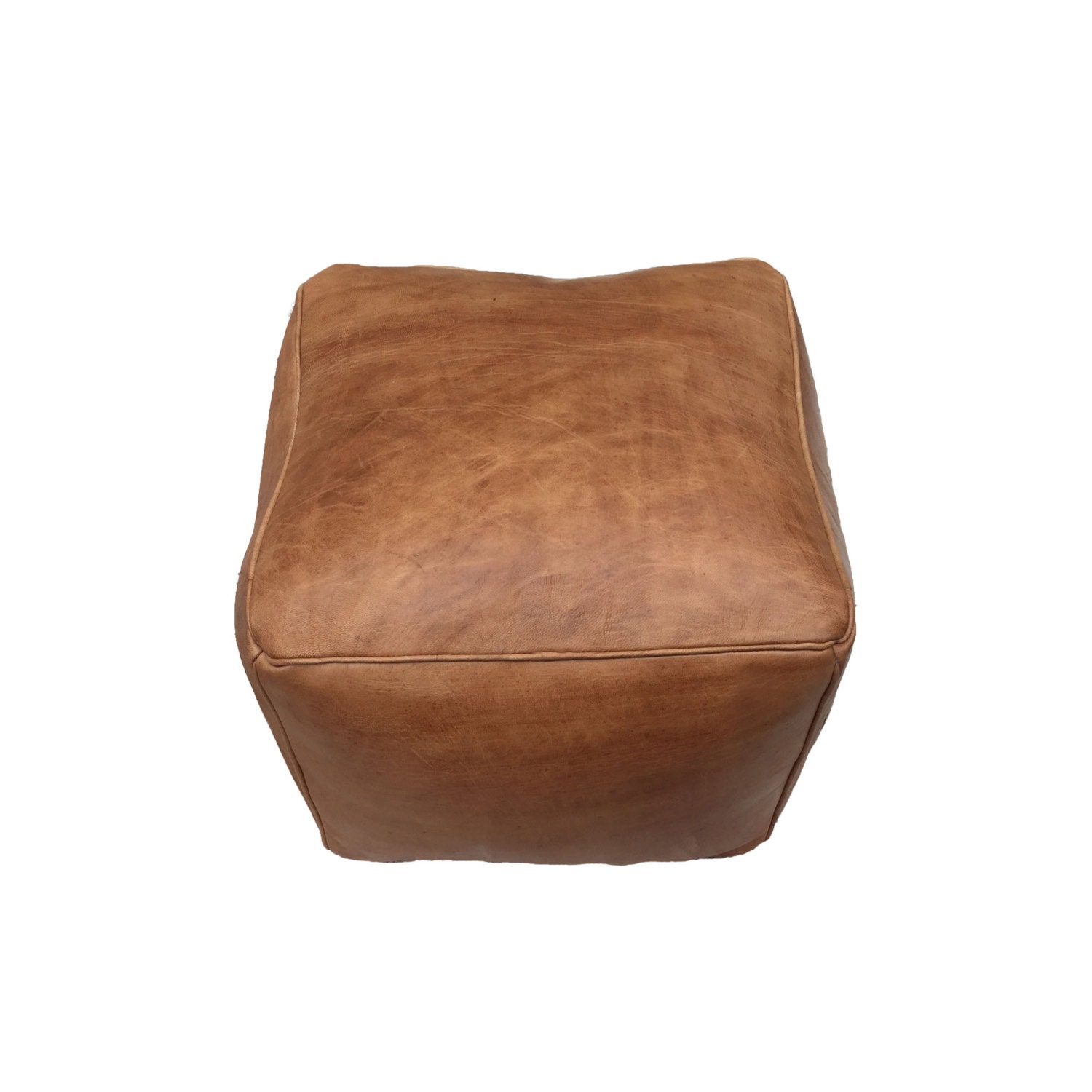 Leather Pouf Ottoman natural brown leather. Large Cube in