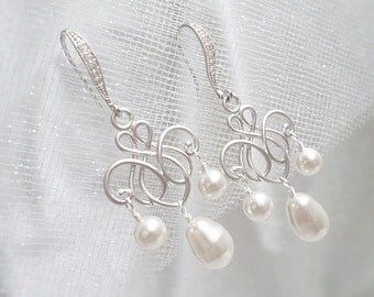 FREE US Ship Pearl Chandelier Bridal Earrings Swarovski Pearl Bridal Earrings Romantic Pearl Chandelier Earrings Bridesmaid Gift