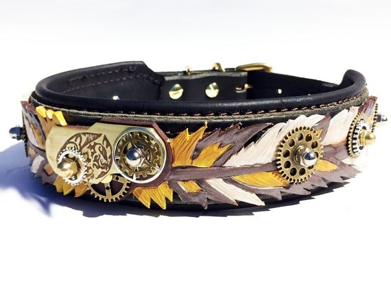Steampunk Peacock Feather Hand Tooled Leather Dog Collar by FinelyTooled steampunk buy now online
