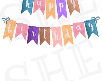 Happy Birthday greeting card, printable, 5x7, jpg & PDF, instant download, watercolor, banner