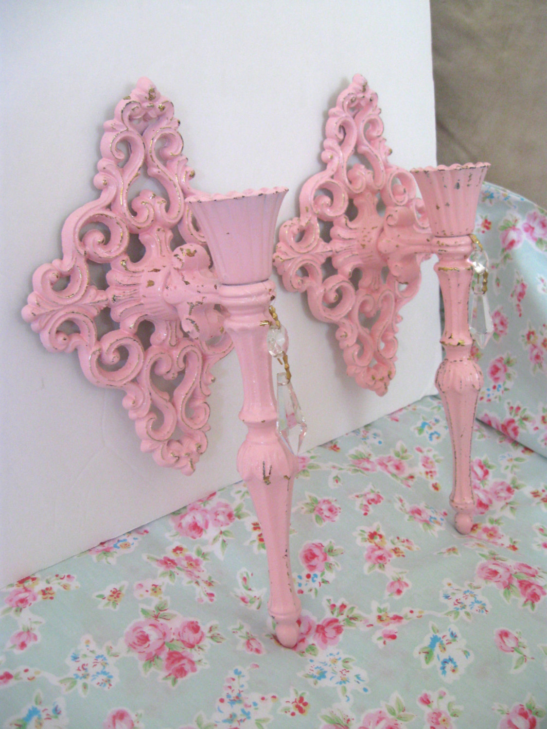 Set Shabby Chic Pink Very Ornate Brass Wall Candle Sconces
