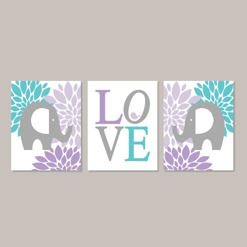 ELEPHANT WALL ART Girl Nursery Decor Lavender Violet Turquoise