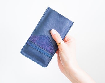 Blue iPhone 7 Leather Sleeve, Iridescent Iphone 6 Pouch, Holographic Smartphone Sleeve, Geometric Smartphone Case, Navy Leather Phone Bag