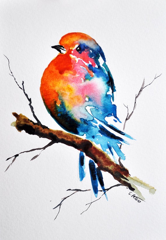 ORIGINAL Watercolor Bird Painting Colorful Robin on a Branch