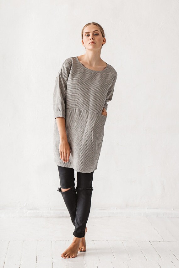 Oversized Natural Grey Straps Linen Tunic Linen Tunic Tunic