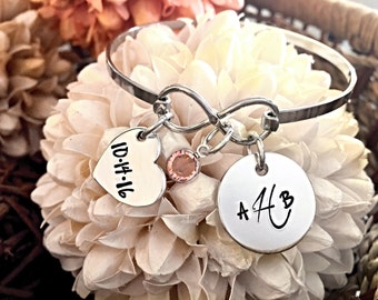 Hand Stamped Stainless Steel Infinity Bangle Bracelet with Personalized Monogram, Date Heart & Swarovski Crystal Wedding Anniversary Gift