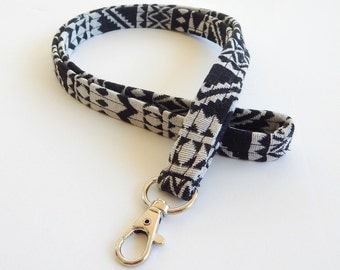 Woven Lanyard / Bohemian / Boho Keychain / Indian Blanket Inspired / Key Lanyard / Black & White / Woven Tribal Fabric / ID Badge Holder
