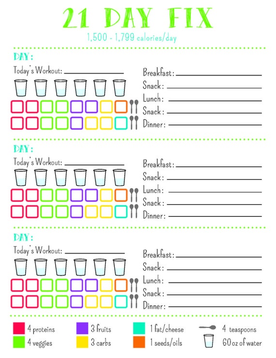 21 Day Fix Tracking Sheet 1500 Calorie By AllisonRainsDesigns