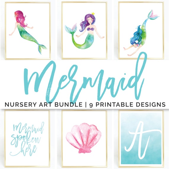 Mermaid Art Print / Printable Wall Art / Nursery Art Set