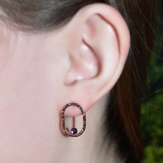 Rose Gold Amethyst Stud Earrings - 2mm Amethyst Hammered Post Earrings - Cartilage Earring Stud - 20 Gauge - Helix Earring - Conch Piercing