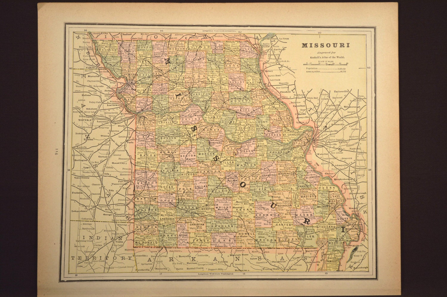 Missouri Map Missouri Antique Late 1800s Original 1877