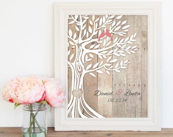 Engagement Wedding Gift, Love Birds in Tree, Newly Weds Gift Family Tree Art, Names Wedding Date, Poster 8,5''x11''