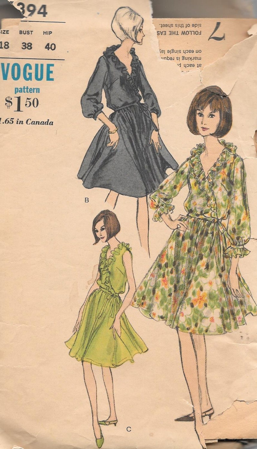 Vintage 1960s Vogue Sewing Pattern 6394 Misses' Dress and Slip size 18 bust 38" from