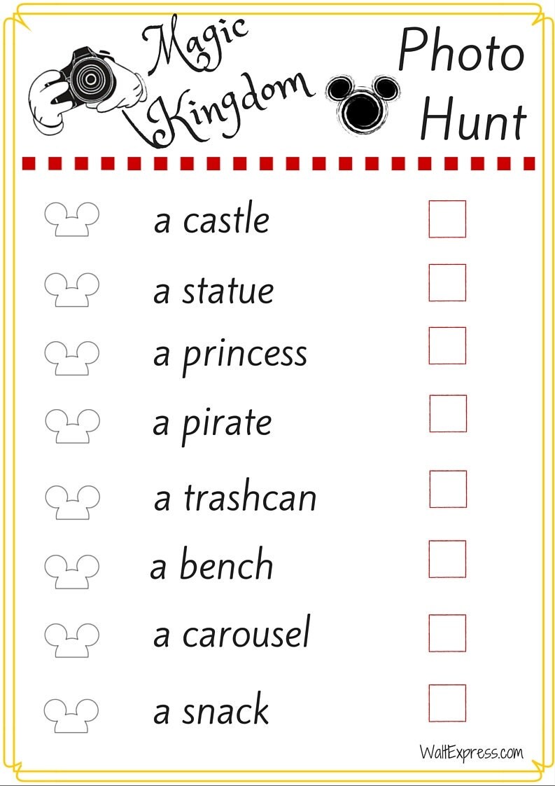 Walt Disney World Kids Photo Scavenger Hunt Printable
