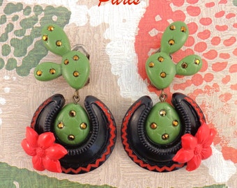 CACTUS - TEX MEX - Clips Earrings, with Raspberry Red Cactus Flower.