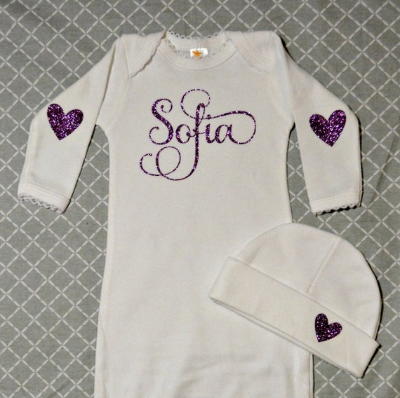 Lovely Baby Gown with Hat  White Gown/ Lavender Glitter