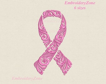 Pink ribbon Curlz machine Embroidery design. Breast Cancer Awareness Ribbon. 6 sizes Hoop 4x4 5x7 6x10 7X11.