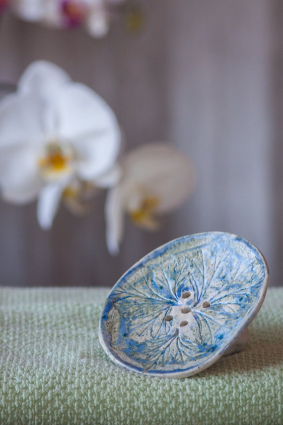 Ceramic soap dish with botanical ornament clay soap dish