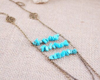 Turquoise necklace, layering chain necklace, bronze tone long blue beaded necklace, chunky modern everyday jewelry