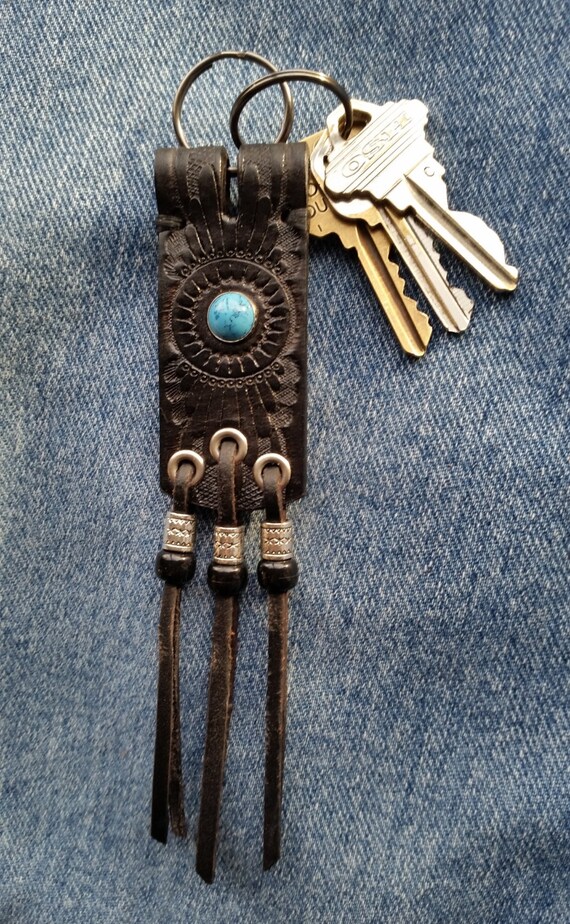 TOOLED LEATHER KEYCHAIN with Turquoise Stud Beaded Fringe.