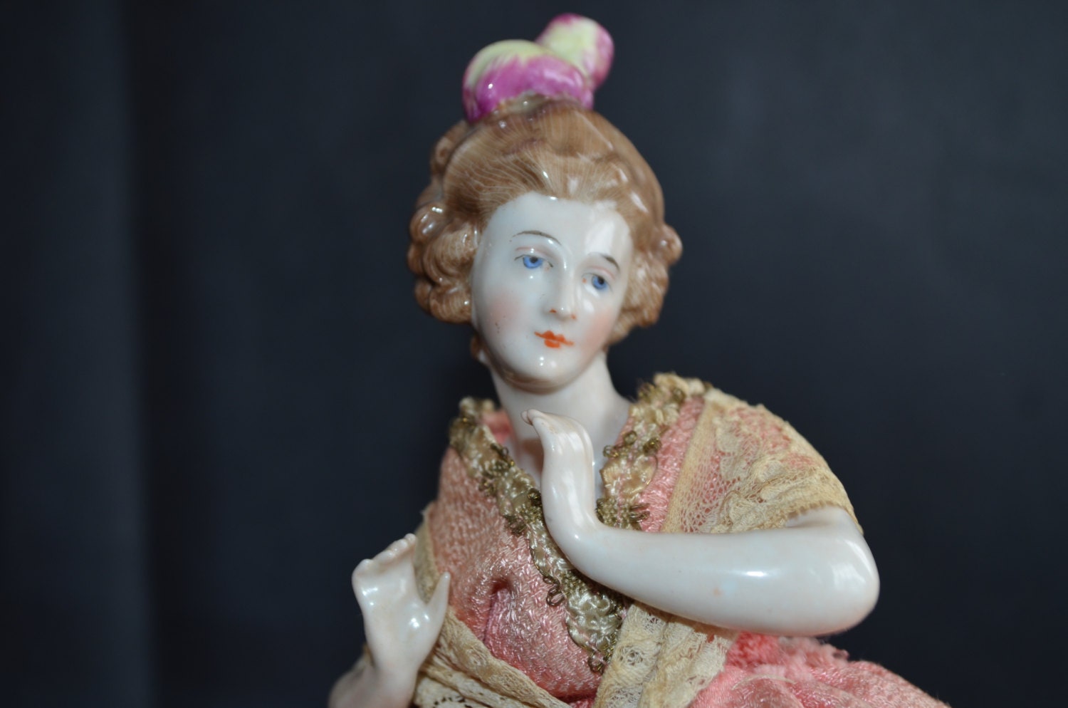 Antique Half Doll Large German Porcelain Pin Cushion Lady