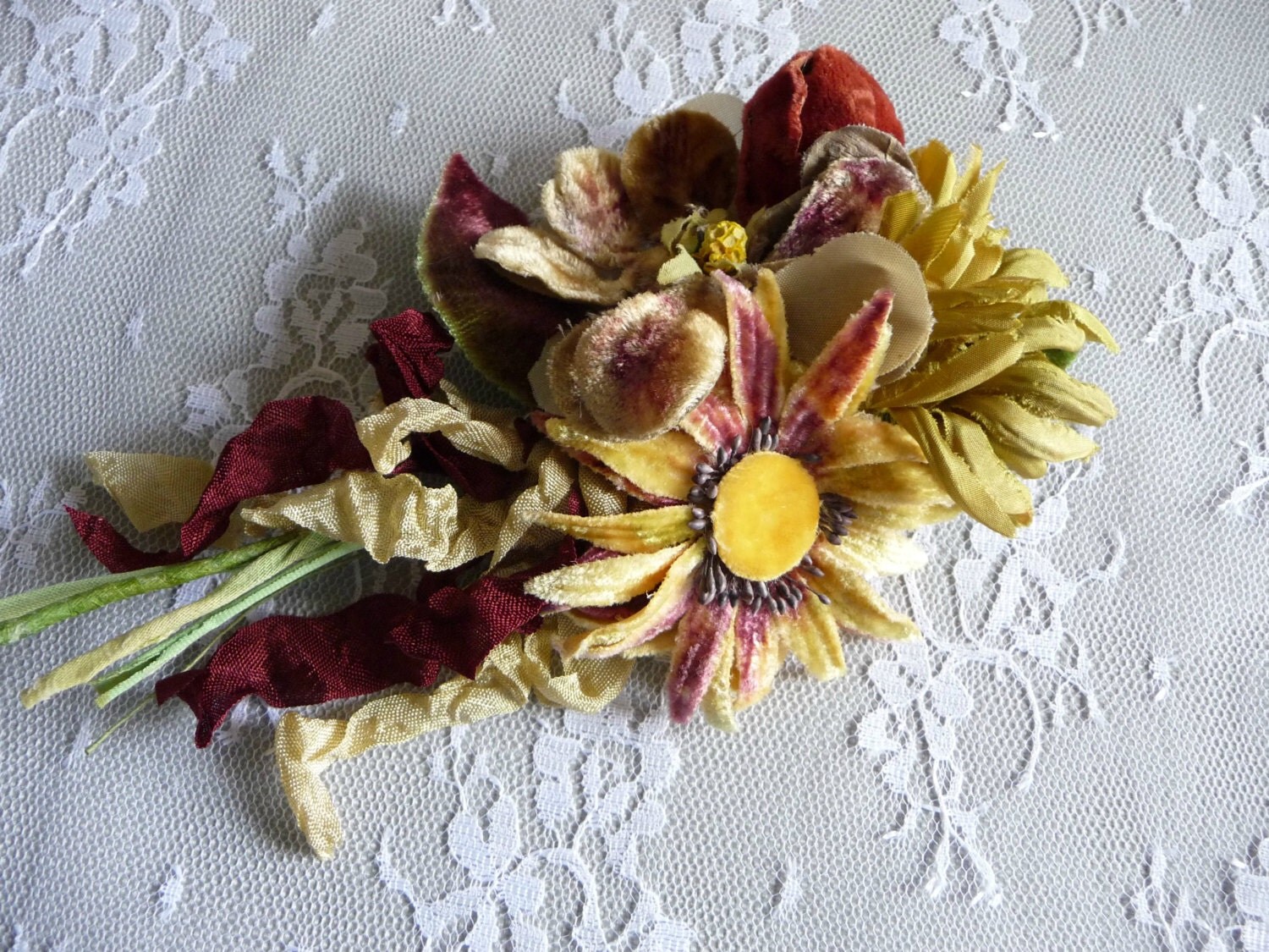 Vintage Velvet Millinery Flowers Brooch Sunflower Daisies