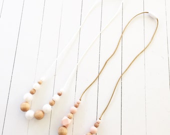 Silicone Teething Necklace for Mom - Nursing + Babywearing Distraction - Blush or Pearl BPA free Chew Beads - Natural Wood Beads - Gift