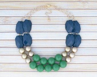 Double Row Statement Necklace - Green & Navy Stone Collar Necklace - Large Oversize Ball Bead Necklace - Birthday Jewelry Gift under 30
