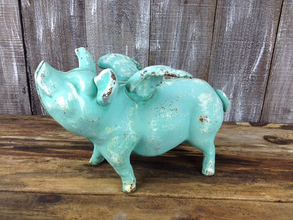 Extra Large Metal Flying Pig Bank Rustic Cast Iron Piggy