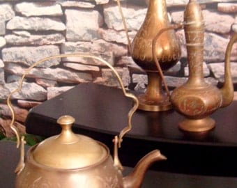 Vintage Old Brass Etched Flower Small Tea-pot, Home Decor