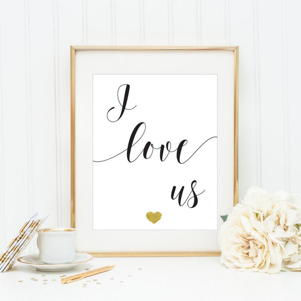 I love us Wall Art Print Handwritten Style Gold Heart