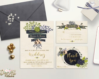 Floral Wedding Invitation Printable Rustic Suite Blush Gold Navy Invite Floral Wedding Invitation Printable Rustic Suite Blush Gold Navy Invite