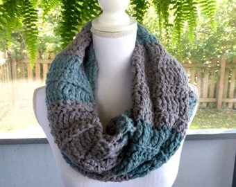 Gray Green Soft Wide Bamboo Yarn Scarf ~ Crochet Knit Infinity Circle Scarf Scood Cowl ~ Fall Winter Scarf ~ Boho Trendy Hippie