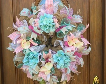 Aqua Hydrangea Floral Wreath / Pink Floral Wreath / Burlap Deco Mesh Wreath / Pink and Aqua Hydrangea Wreath / Summer Floral Wreath