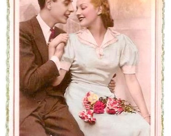 Vintage French LOVERS- ELEGANT COUPLE- French real photo Photo Postcard, Years 1950 written- Pink Background- slight mark left bottom corner